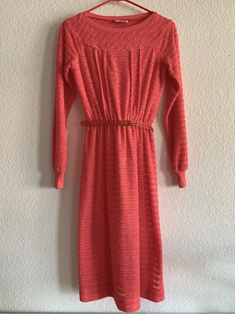 Vintage Jerell of Texas Coral Ribbed Long-Sleeve Knit Dress with Belt